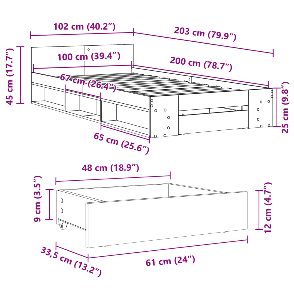 vidaXL Estrutura de cama c/ gaveta 100x200 cm derivados madeira branco
