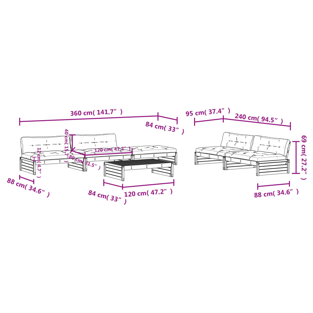 vidaXL 6 pcs conjunto lounge de jardim c/ almofadões pinho impregnado