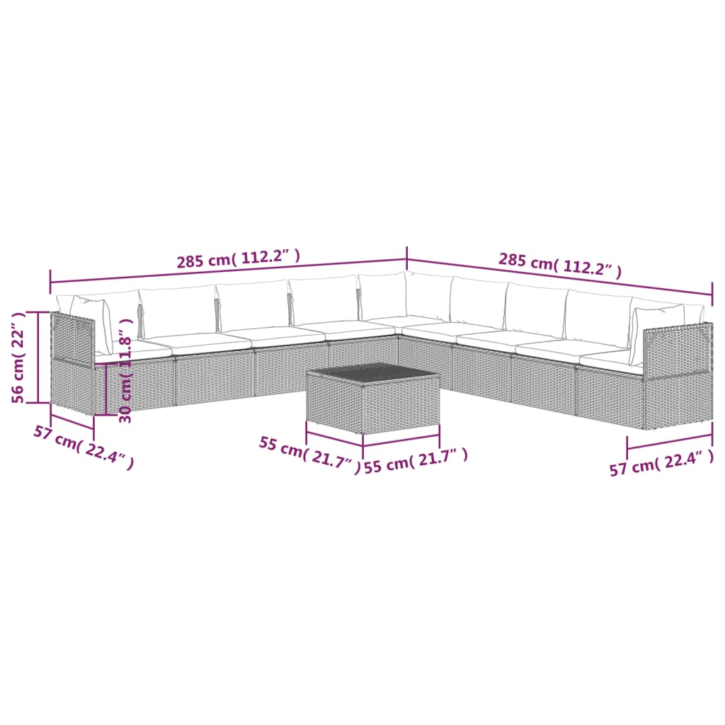 vidaXL 10 pcs conjunto lounge de jardim c/ almofadões vime PE cinzento