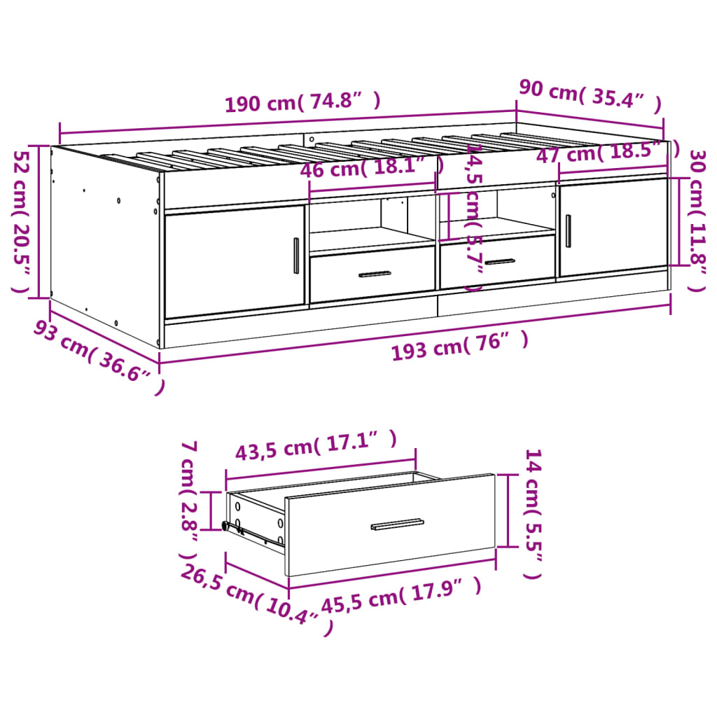 vidaXL Sofá-cama com gavetas sem colchão 90x190 cm cinzento sonoma