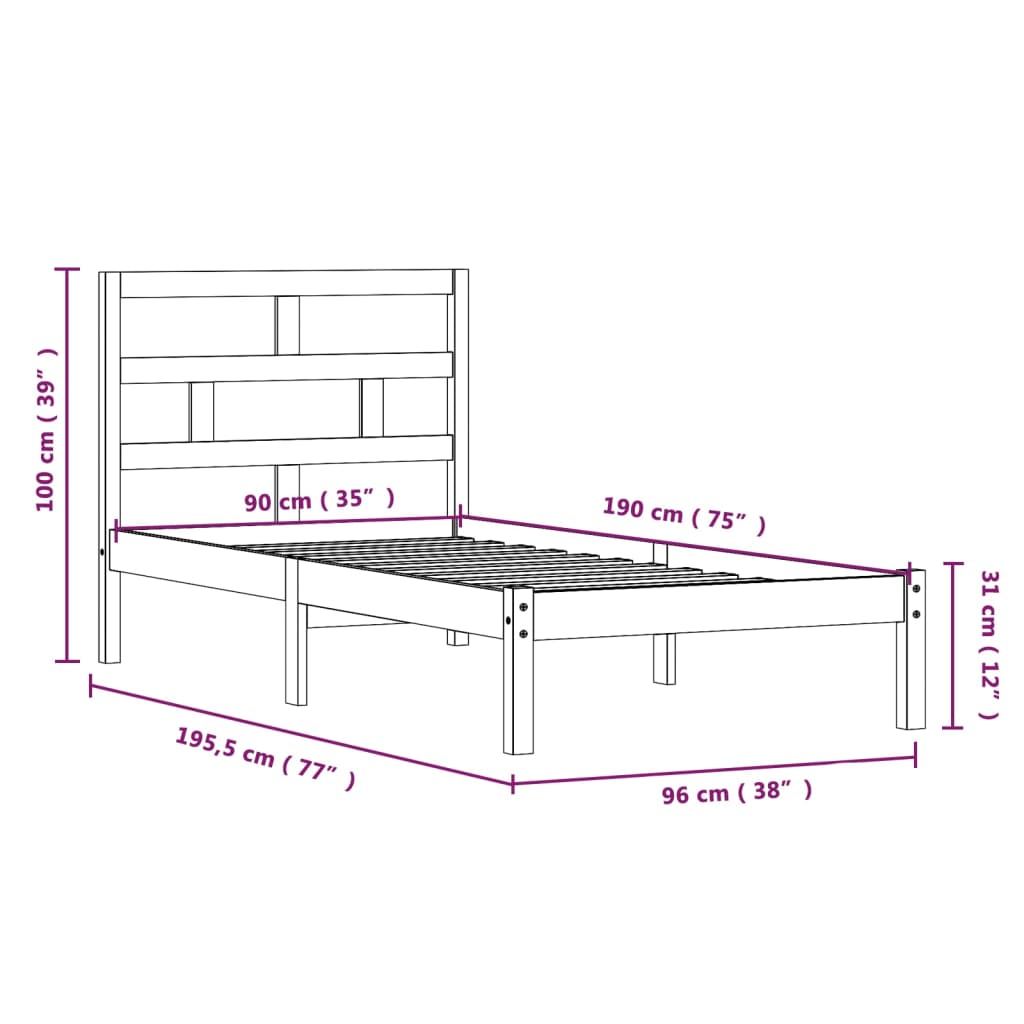 vidaXL Estrutura de cama solteiro 90x190 cm madeira maciça branco