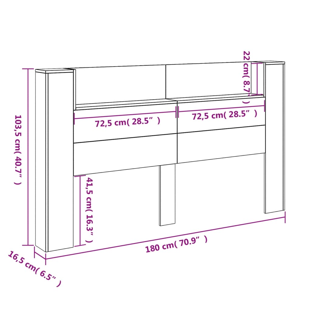 vidaXL Armário de cabeceira com luzes LED 180x16,5x103,5 cm preto