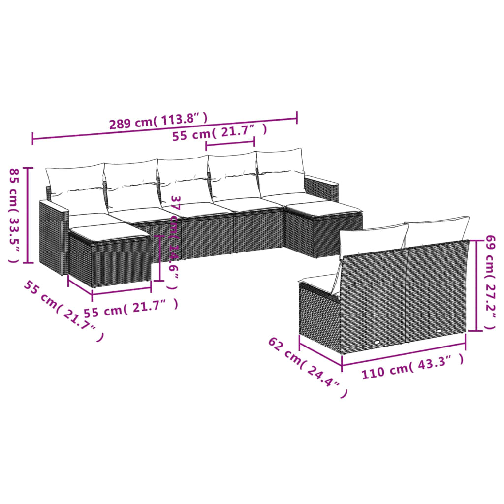 vidaXL 9 pcs conjunto de sofás p/ jardim c/ almofadões vime PE preto