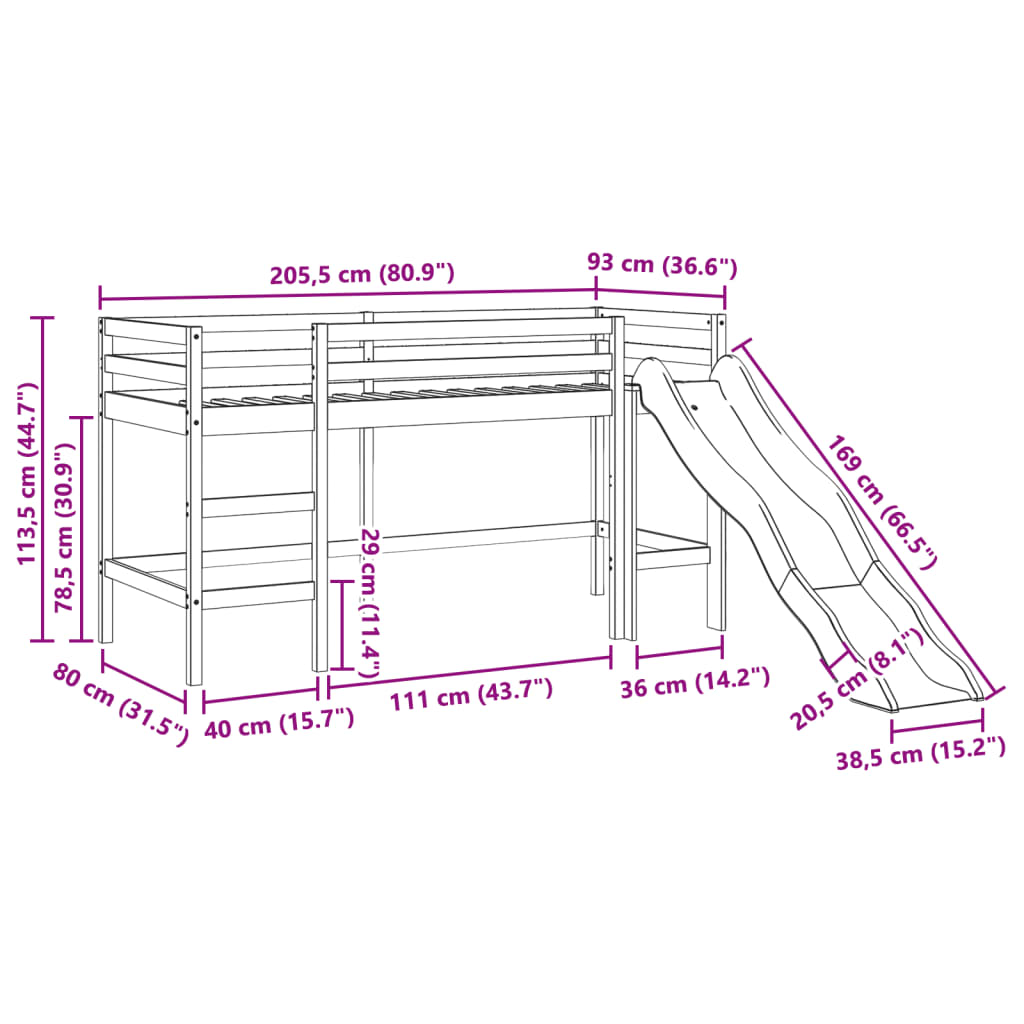 vidaXL Cama alta para criança com túnel 80x200 cm pinho maciço azul