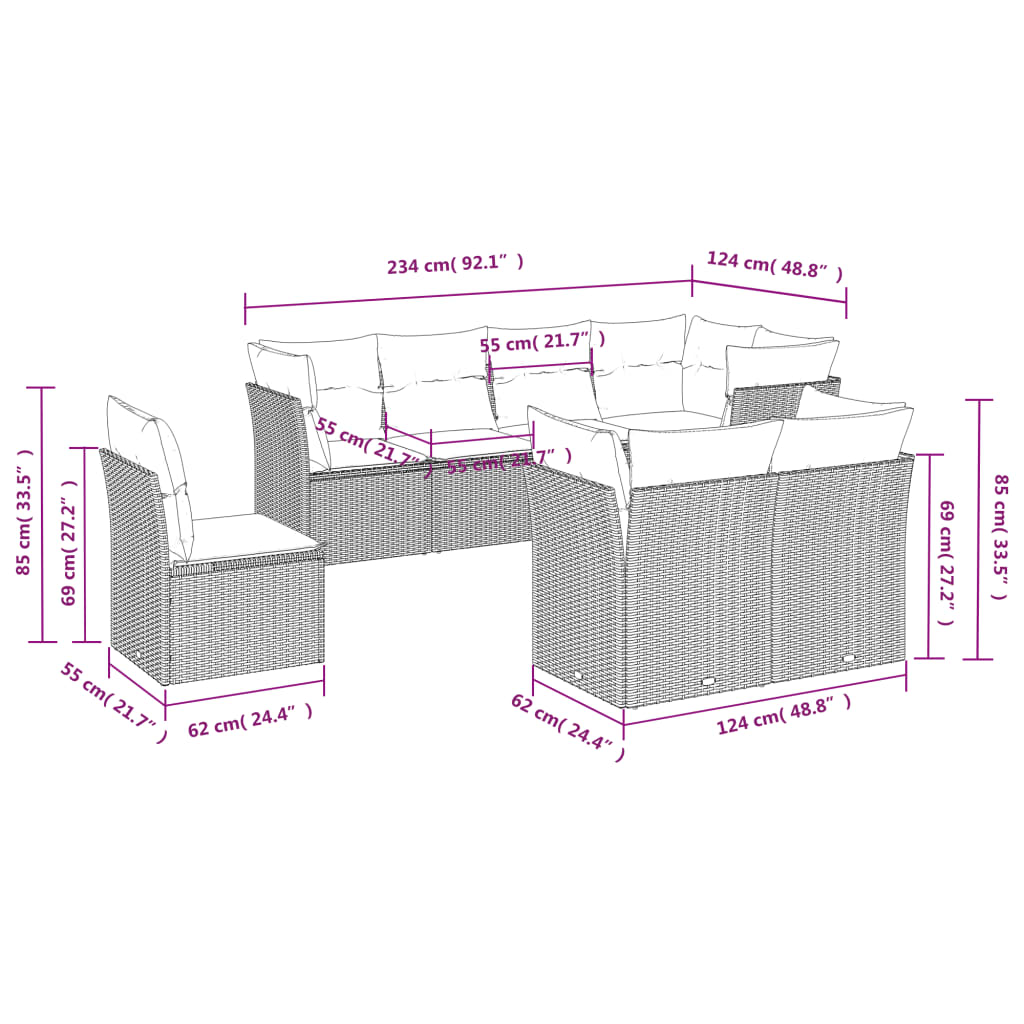 vidaXL 8 pcs conjunto sofás de jardim c/ almofadões vime PE cinzento