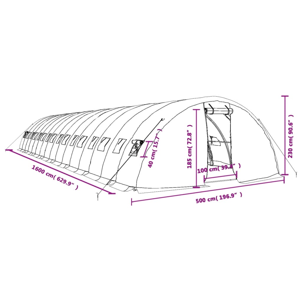 vidaXL Estufa com estrutura de aço 80 m² 16x5x2,3 m verde