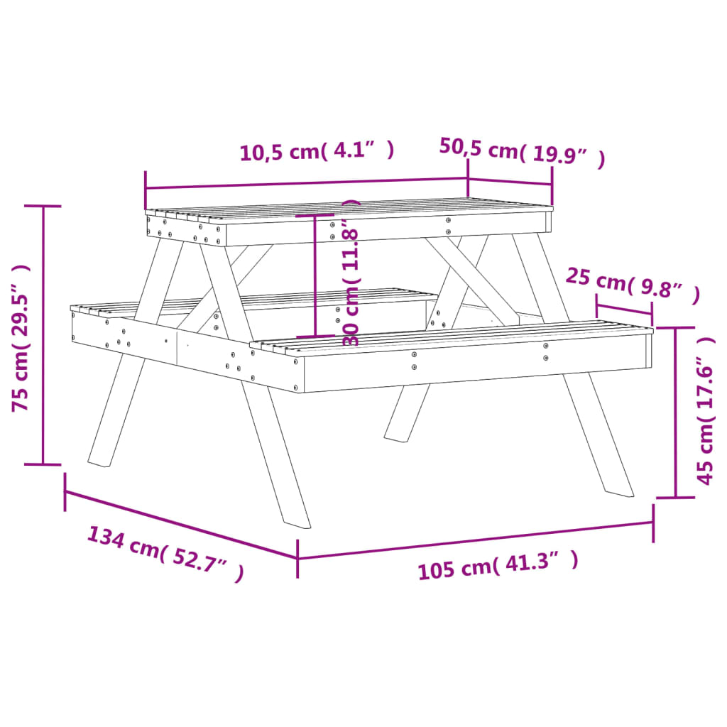 vidaXL Mesa de piquenique 105x134x75 cm madeira de pinho maciça branco