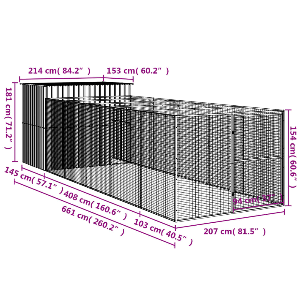 vidaXL Casota p/ cães c/ parque 214x661x181 cm aço galvaniz. antracite