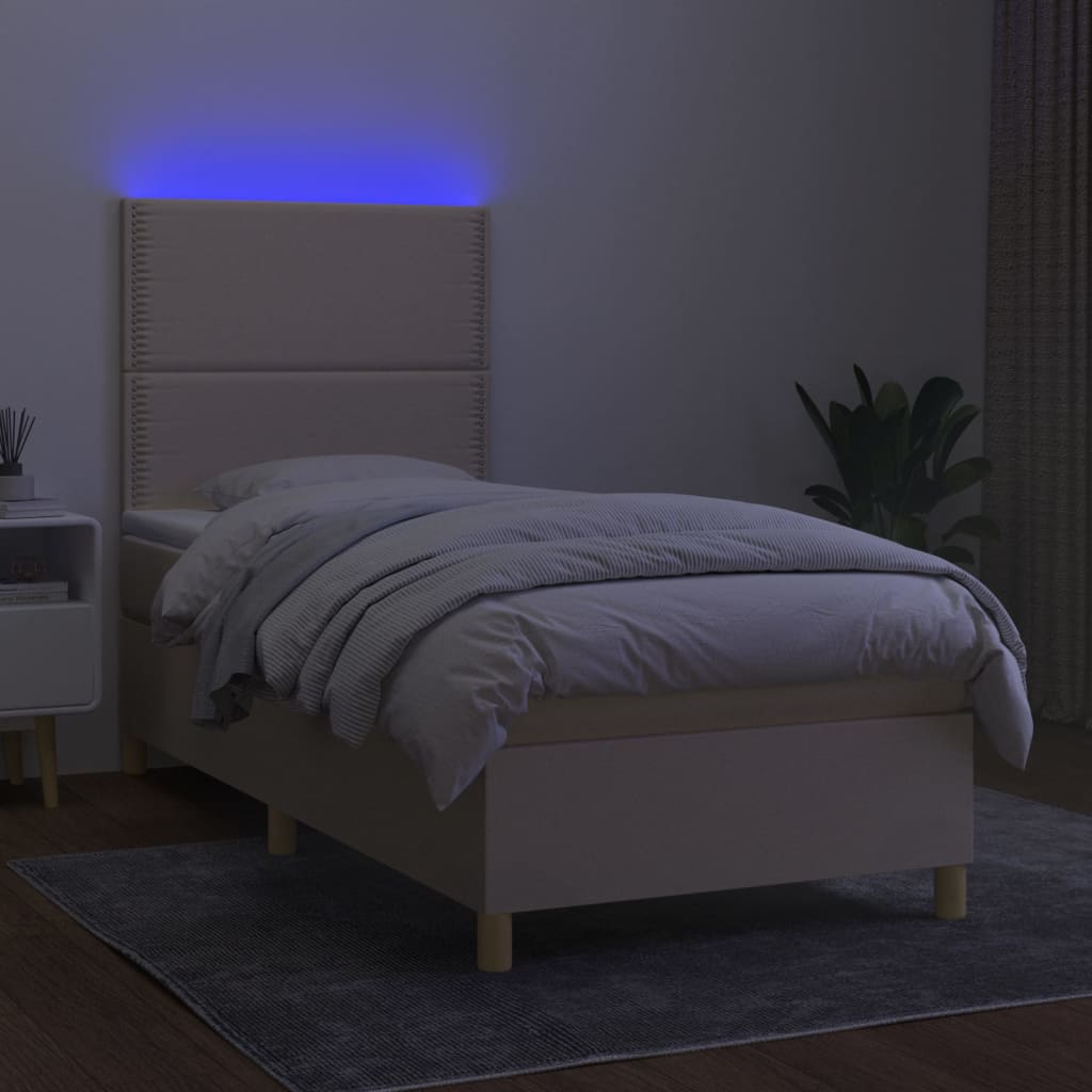 vidaXL Cama box spring c/ colchão e LED 90x200 cm tecido cor creme