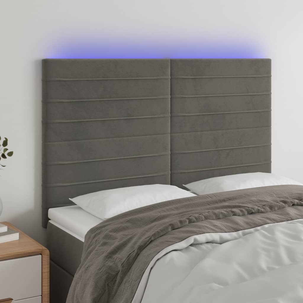 vidaXL Cabeceira de cama c/ LED veludo 144x5x118/128 cm cinza-escuro