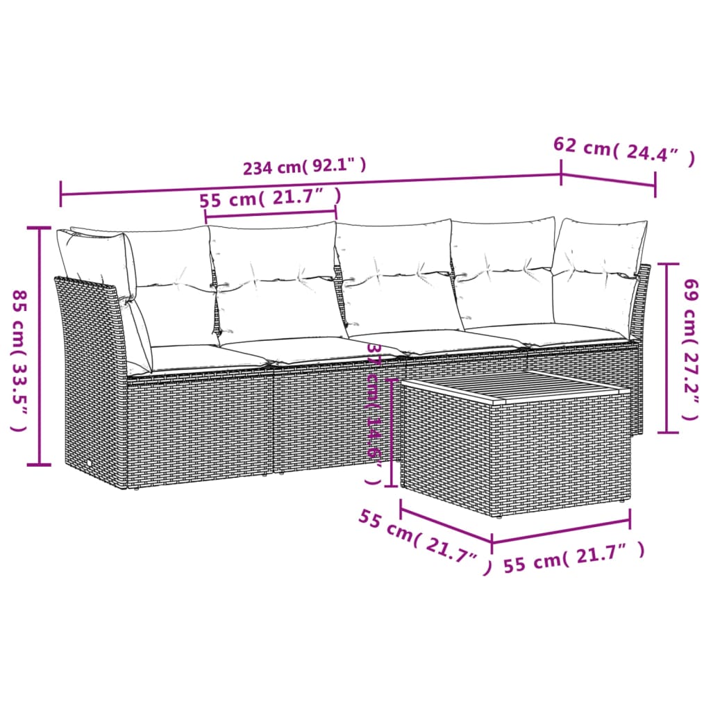 vidaXL 5 pcs conj. sofás jardim c/ almofadões vime PE bege misturado