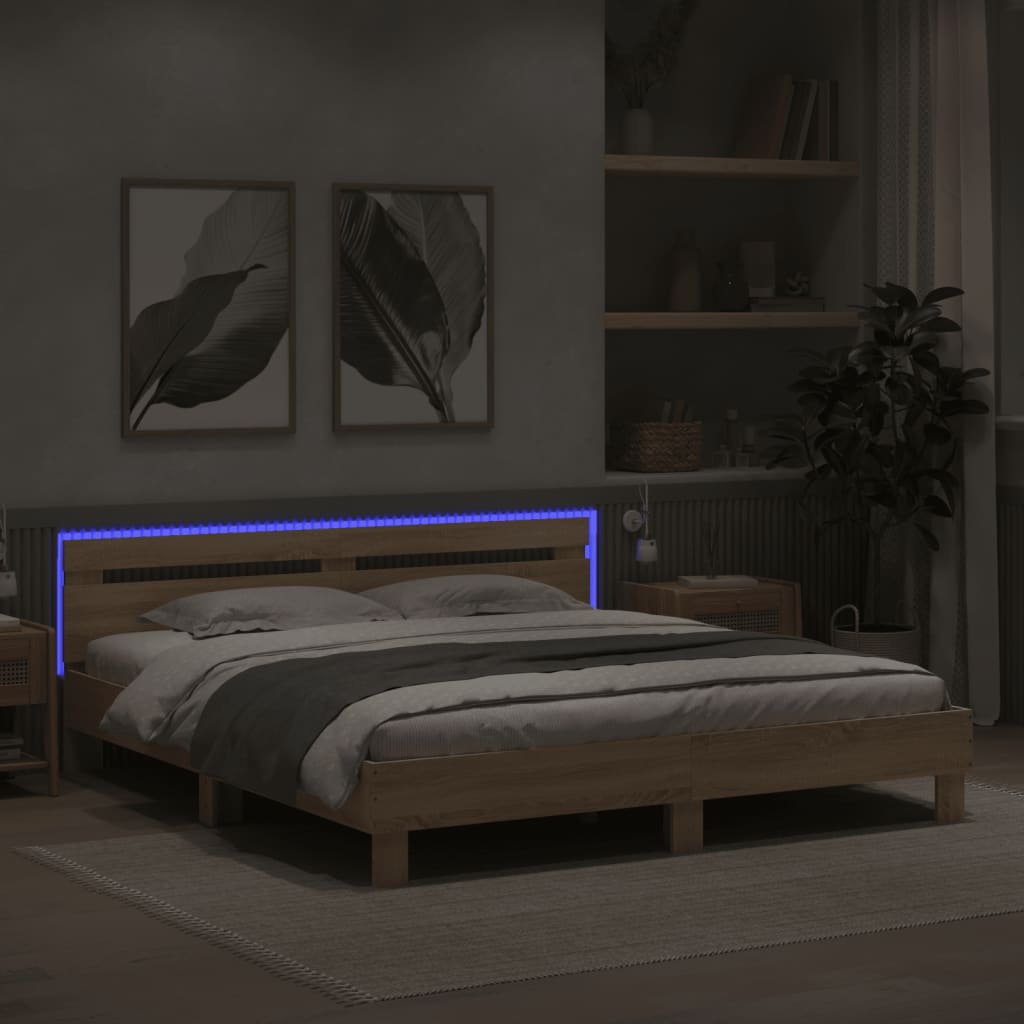 vidaXL Estrutura cama c/ cabeceira/luzes LED 160x200cm carvalho sonoma