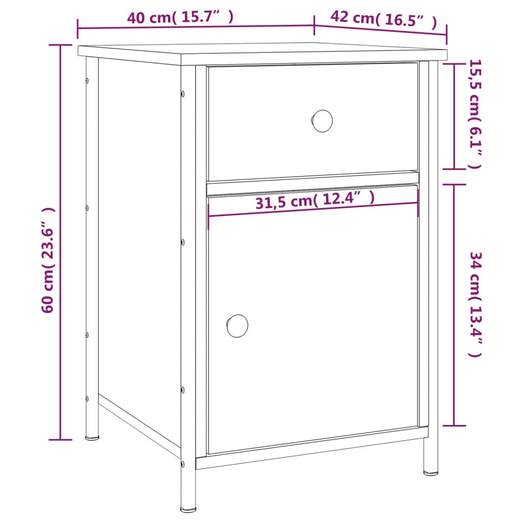 vidaXL Mesa de cabeceira 40x42x60 cm derivados madeira cinzento sonoma