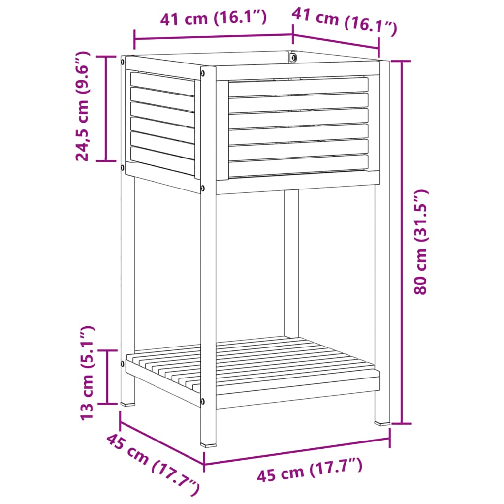 vidaXL Vaso/floreira jardim c/ prateleira 45x45x80cm acácia maciça/aço