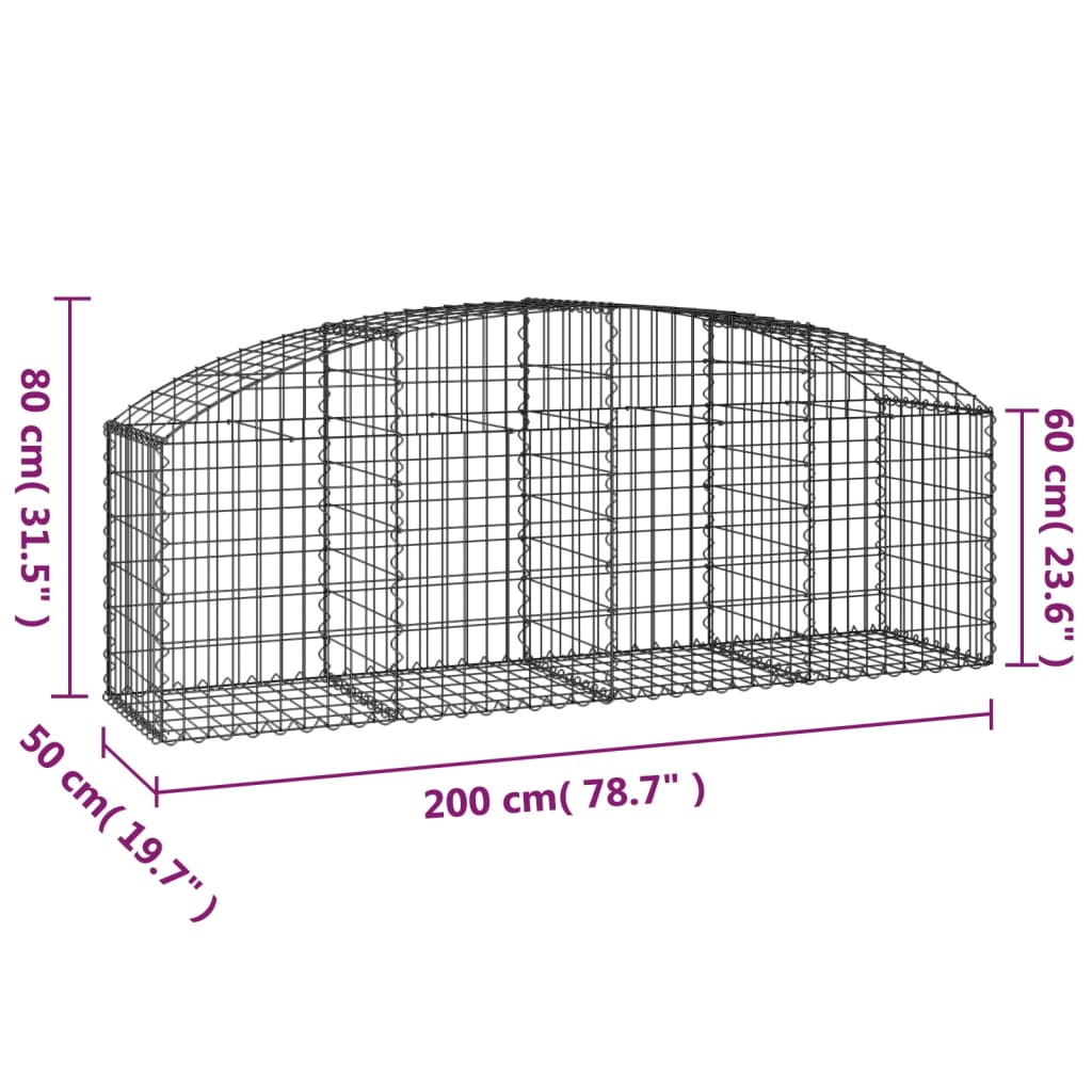 vidaXL Cesto gabião arqueado 200x50x60/80 cm ferro galvanizado