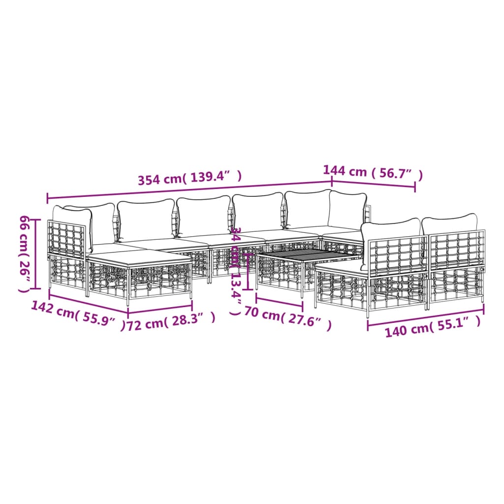 vidaXL 10pcs conjunto lounge de jardim c/ almofadões vime PE antracite