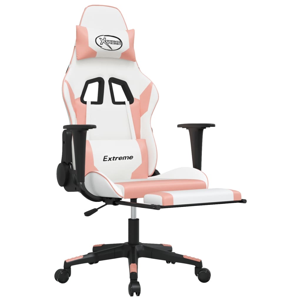 vidaXL Cadeira gaming com apoio p/ pés couro artificial branco e rosa