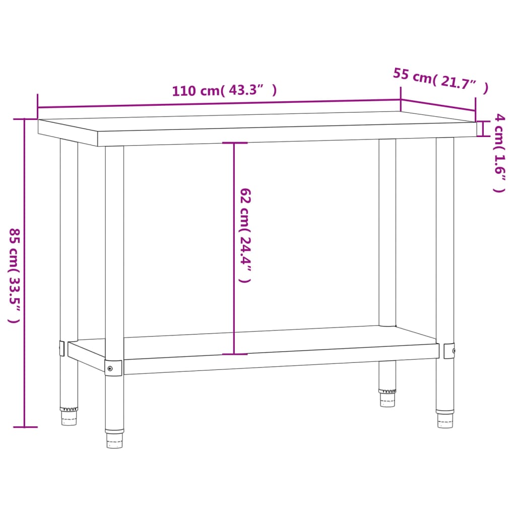 vidaXL Mesa de trabalho de cozinha 110x55x85 cm aço inoxidável