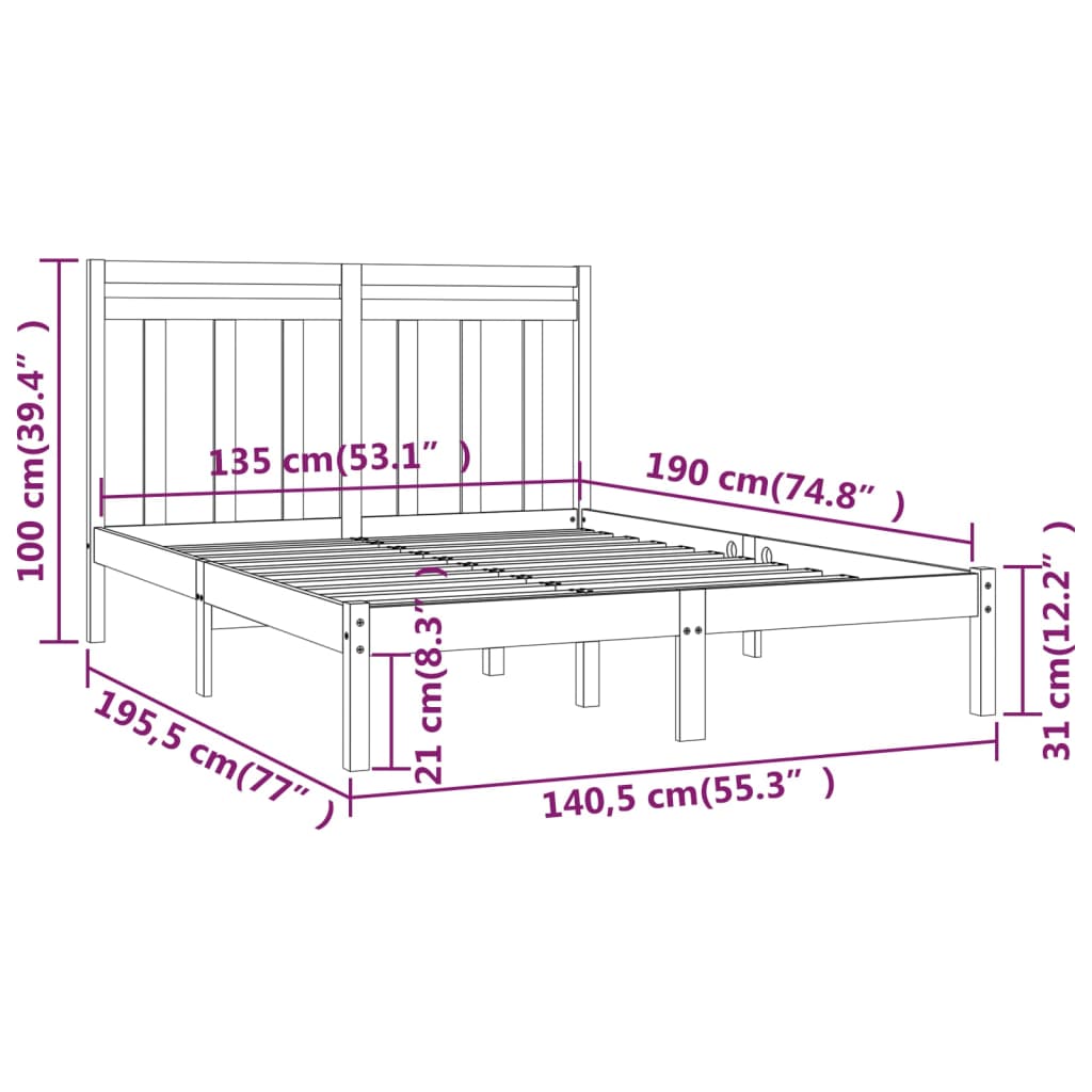 vidaXL Estrutura de cama casal 135x190 cm madeira maciça preto