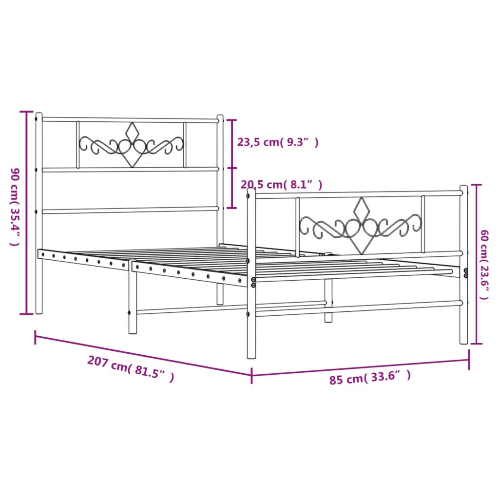 vidaXL Estrutura de cama com cabeceira e pés 80x200 cm metal branco