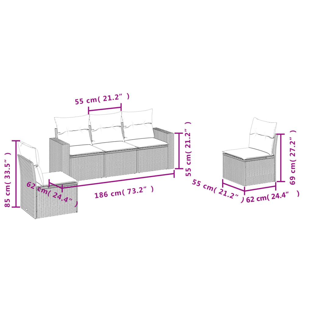 vidaXL 5 pcs conjunto de sofás p/ jardim com almofadões vime PE bege