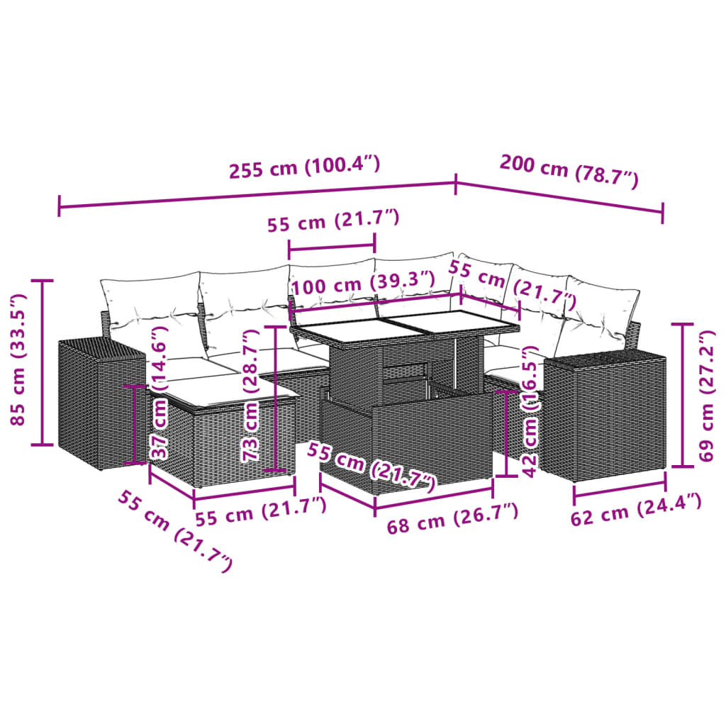 vidaXL 8 pcs conjunto sofás de jardim c/ almofadões vime PE cinzento