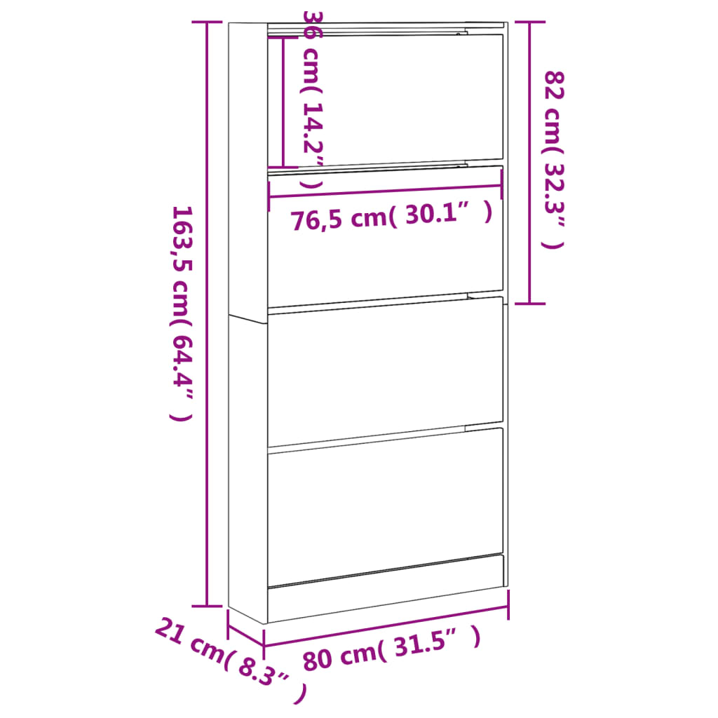 vidaXL Sapateira com 4 gavetas articuladas 80x21x163,5 cm branco