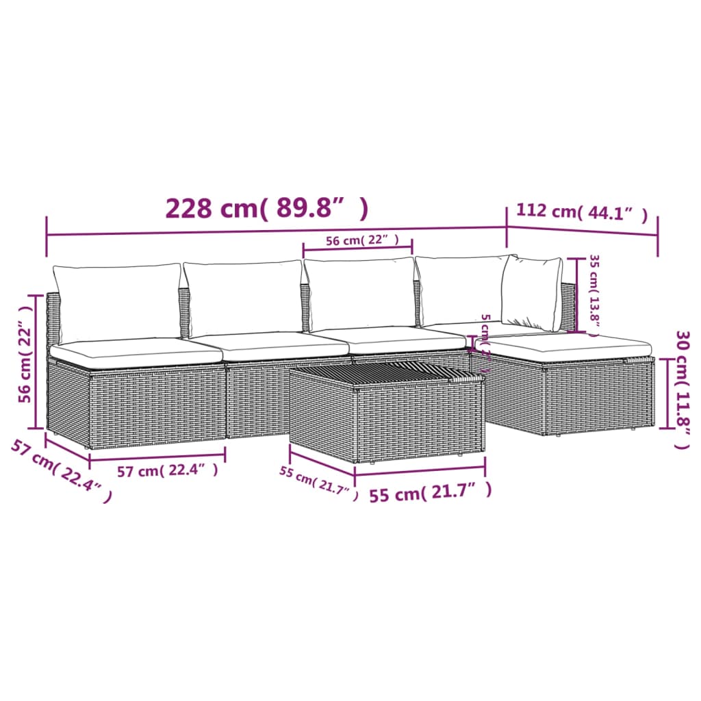 vidaXL 6 pcs conjunto lounge de jardim c/ almofadões vime PE cinzento