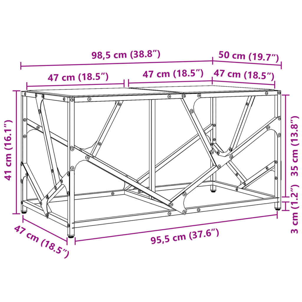 vidaXL Mesa de centro c/ topo em vidro transparente 98,5x50x41 cm aço