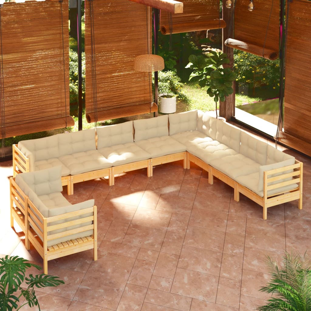 vidaXL 10 pcs conjunto lounge jardim c/ almofadões creme pinho maciço