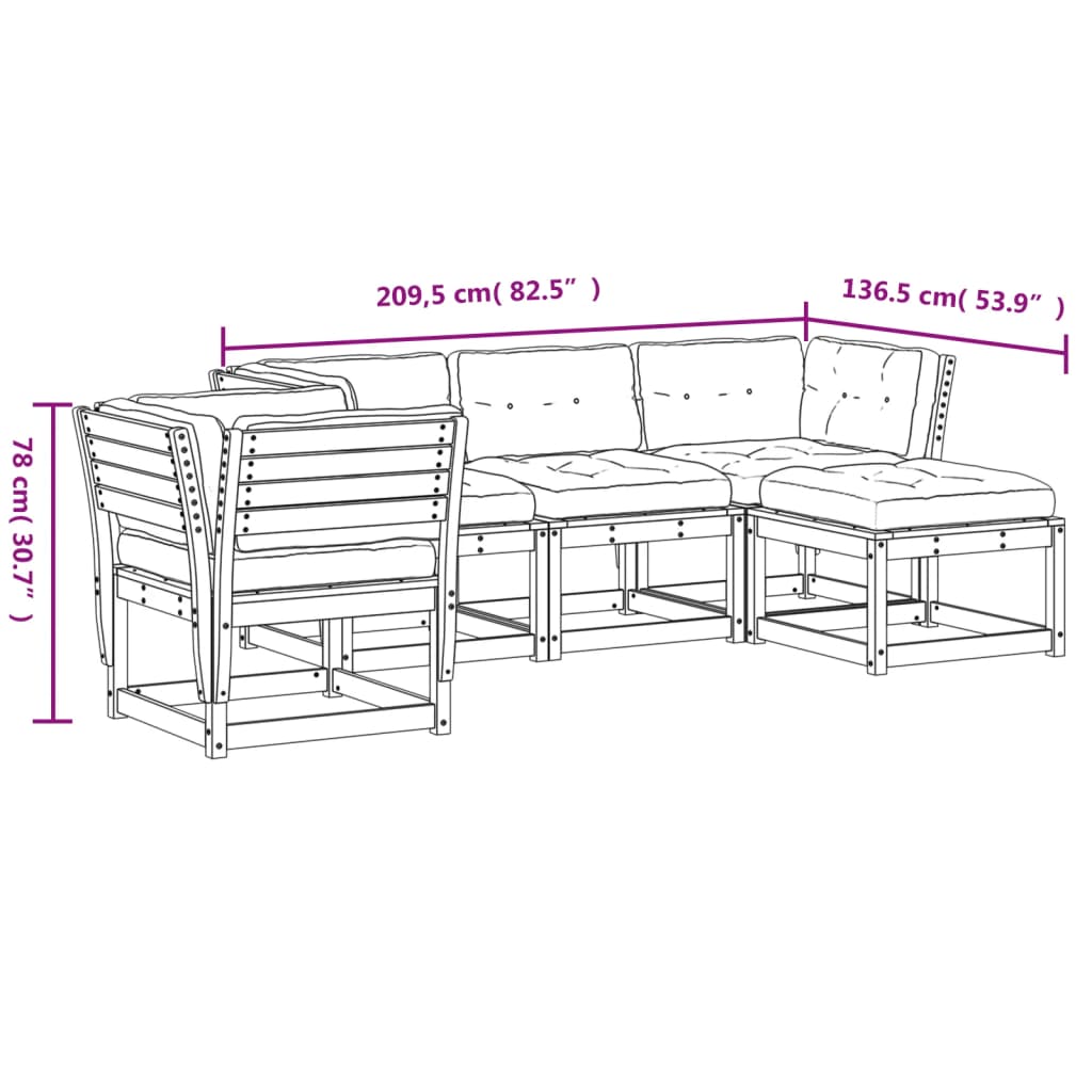 vidaXL 5 pcs conjunto lounge de jardim c/ almofadões pinho maciço