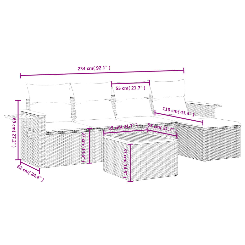 vidaXL 6 pcs conjunto de sofás p/ jardim com almofadões vime PE bege