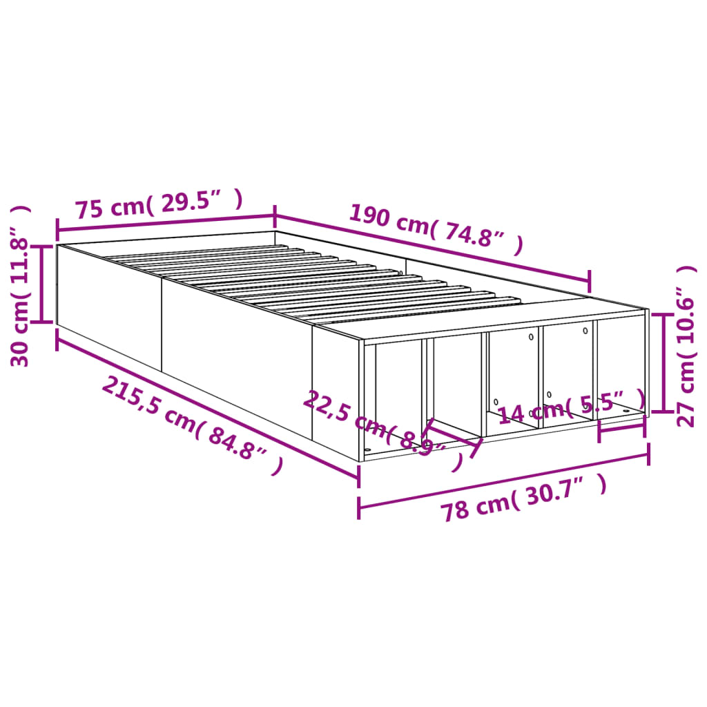 vidaXL Estrutura de cama 75x190cm derivados de madeira carvalho sonoma