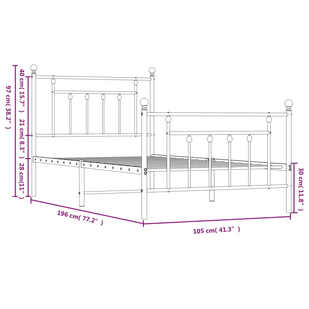 vidaXL Estrutura de cama com cabeceira e pés 100x190 cm metal branco