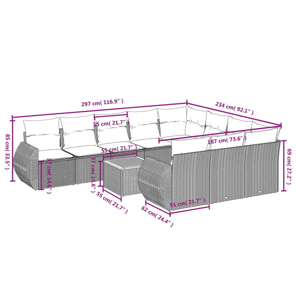 vidaXL 11 pcs conjunto sofás de jardim c/ almofadões vime PE preto