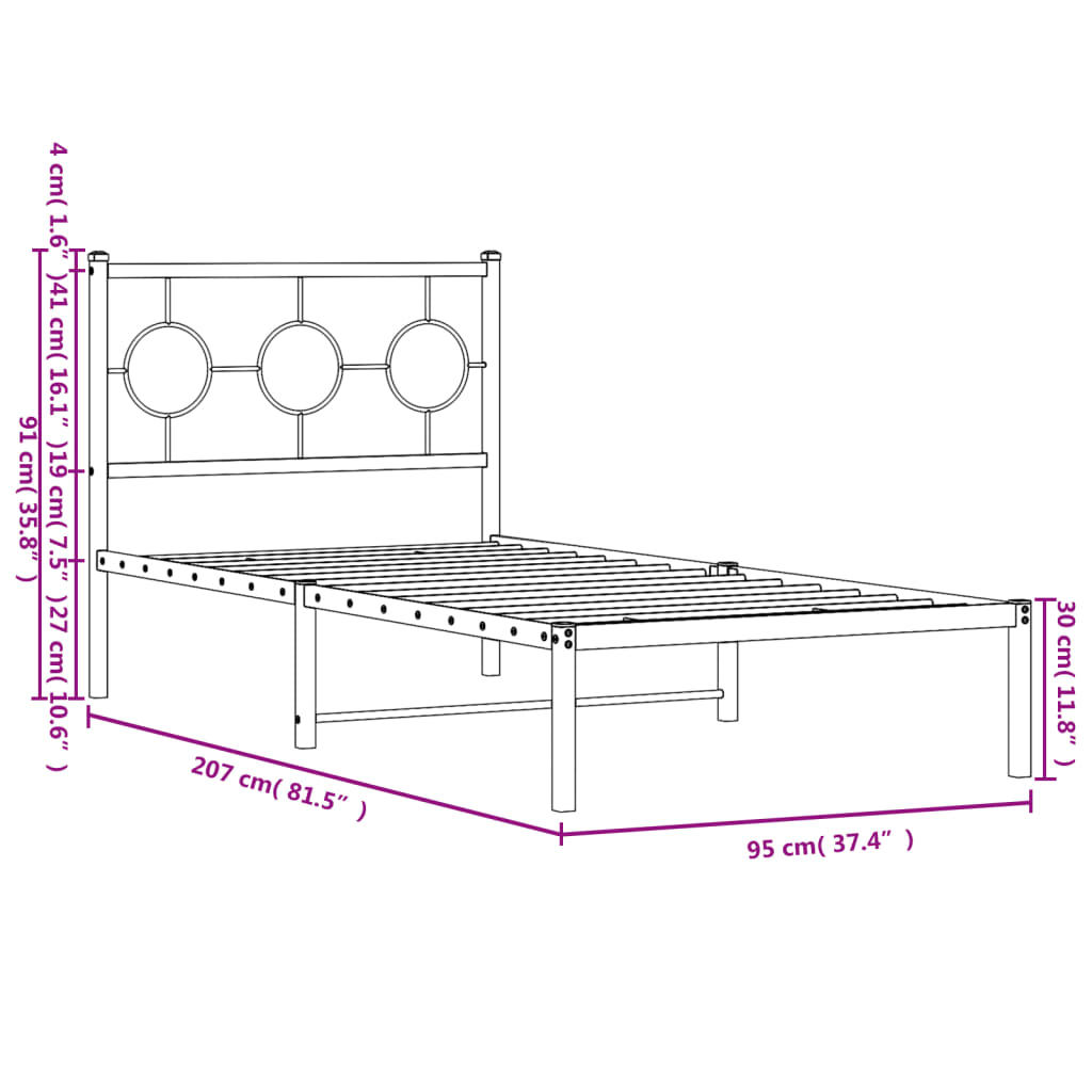 vidaXL Estrutura de cama com cabeceira 90x200 cm metal preto