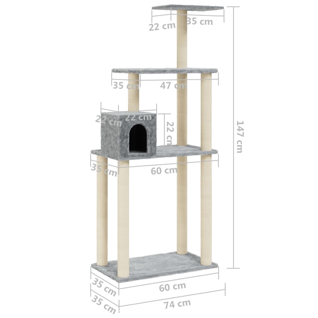 vidaXL Árvore p/ gatos c/ postes arranhadores sisal 147cm cinza-claro