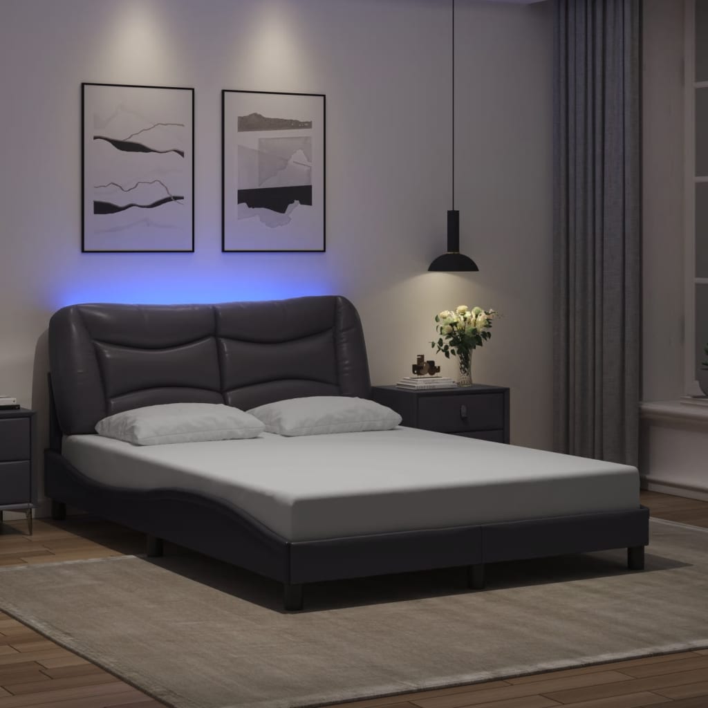 vidaXL Estrutura cama c/ luzes LED 140x190 cm couro artificial cinza