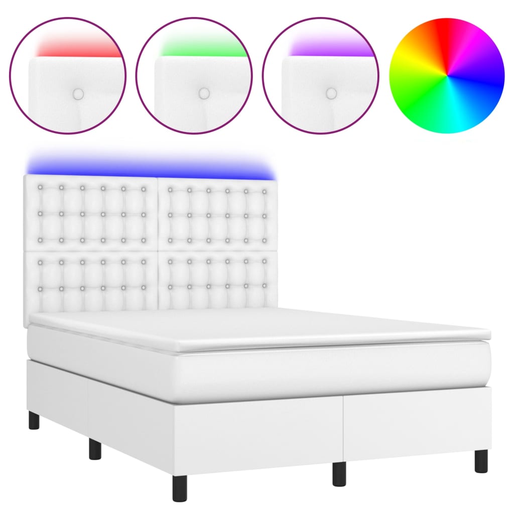 vidaXL Cama box spring c/colchão/LED 140x200cm couro artificial branco