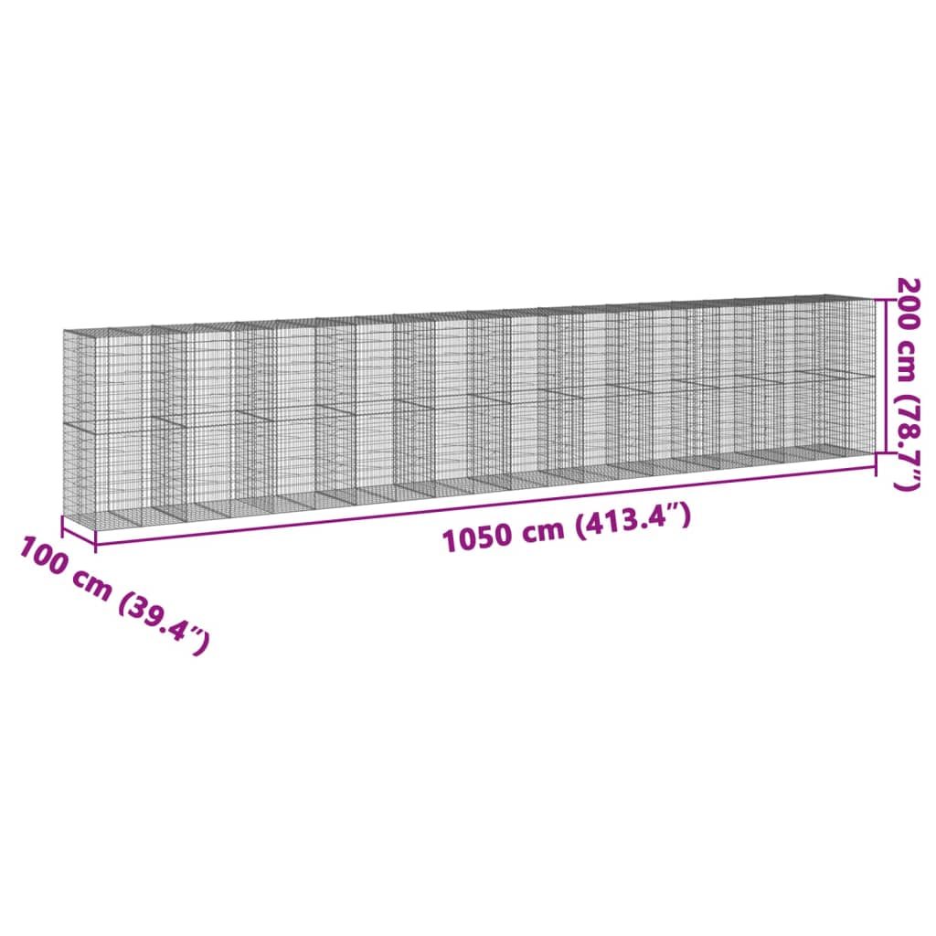 vidaXL Cesto gabião com cobertura 1050x100x200 cm ferro galvanizado