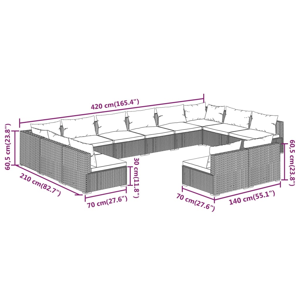 vidaXL 12 pcs conjunto lounge de jardim c/ almofadões vime PE cinzento