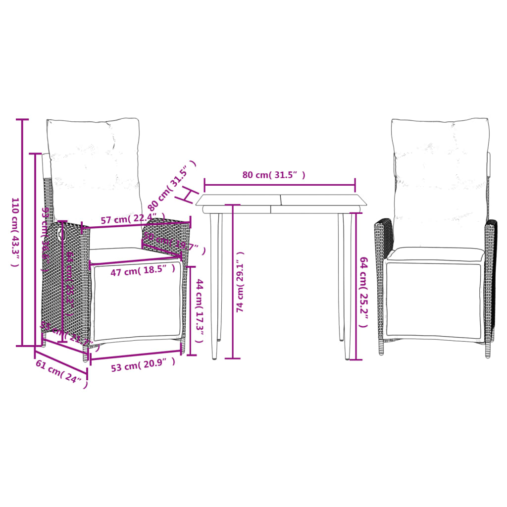 vidaXL 3 pcs conjunto jantar p/ jardim c/ almofadões vime PE castanho