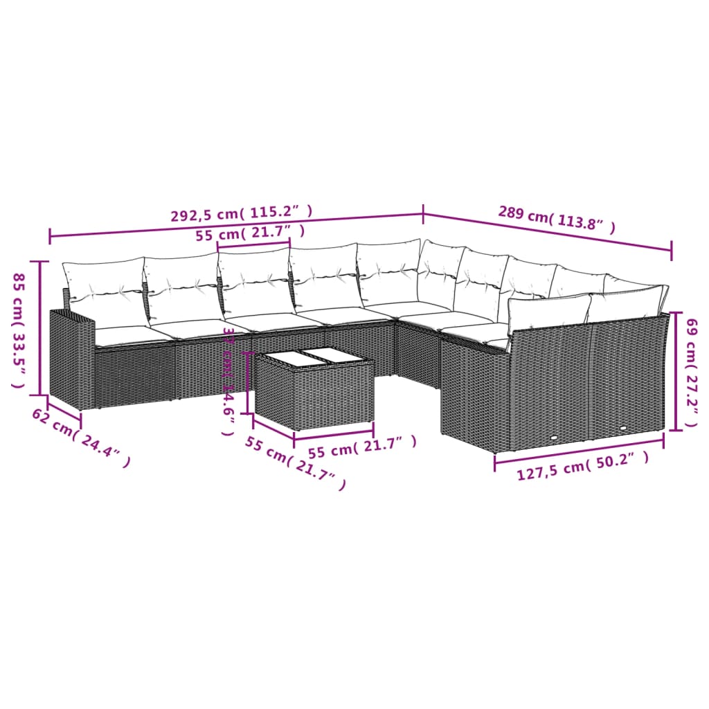 vidaXL 11 pcs conjunto sofás de jardim c/ almofadões vime PE cinzento