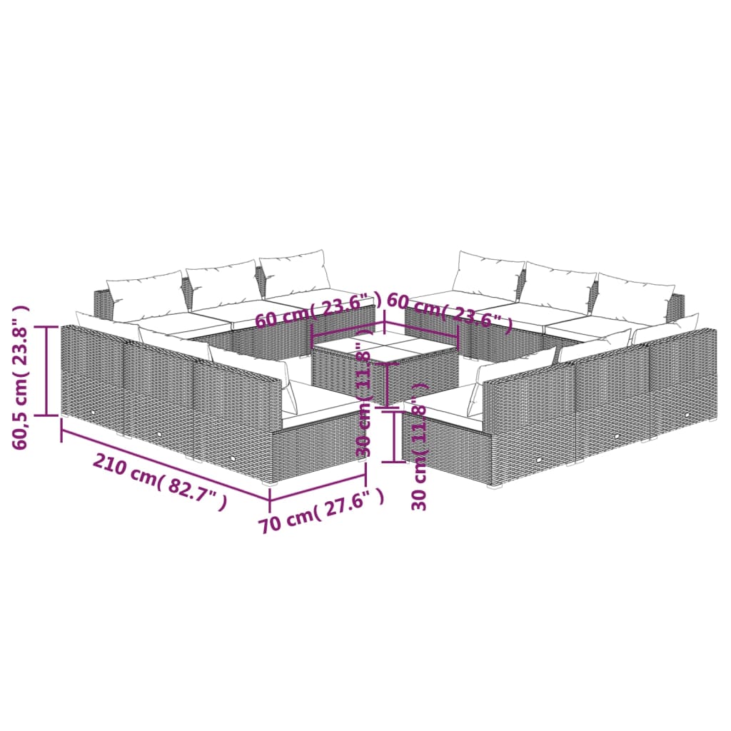 vidaXL 13 pcs conjunto lounge de jardim c/ almofadões vime PE cinzento