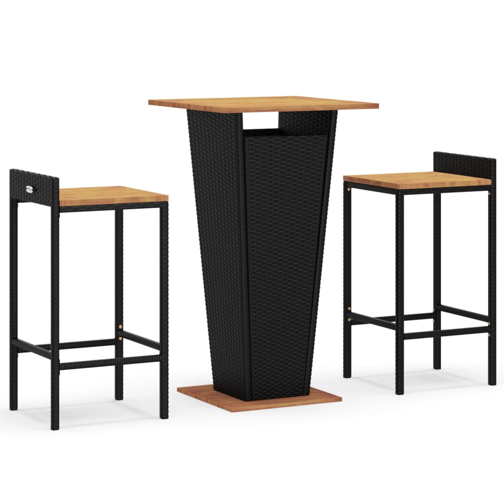 vidaXL 3 pcs conjunto de bar p/ jardim vime PE/acácia maciça preto