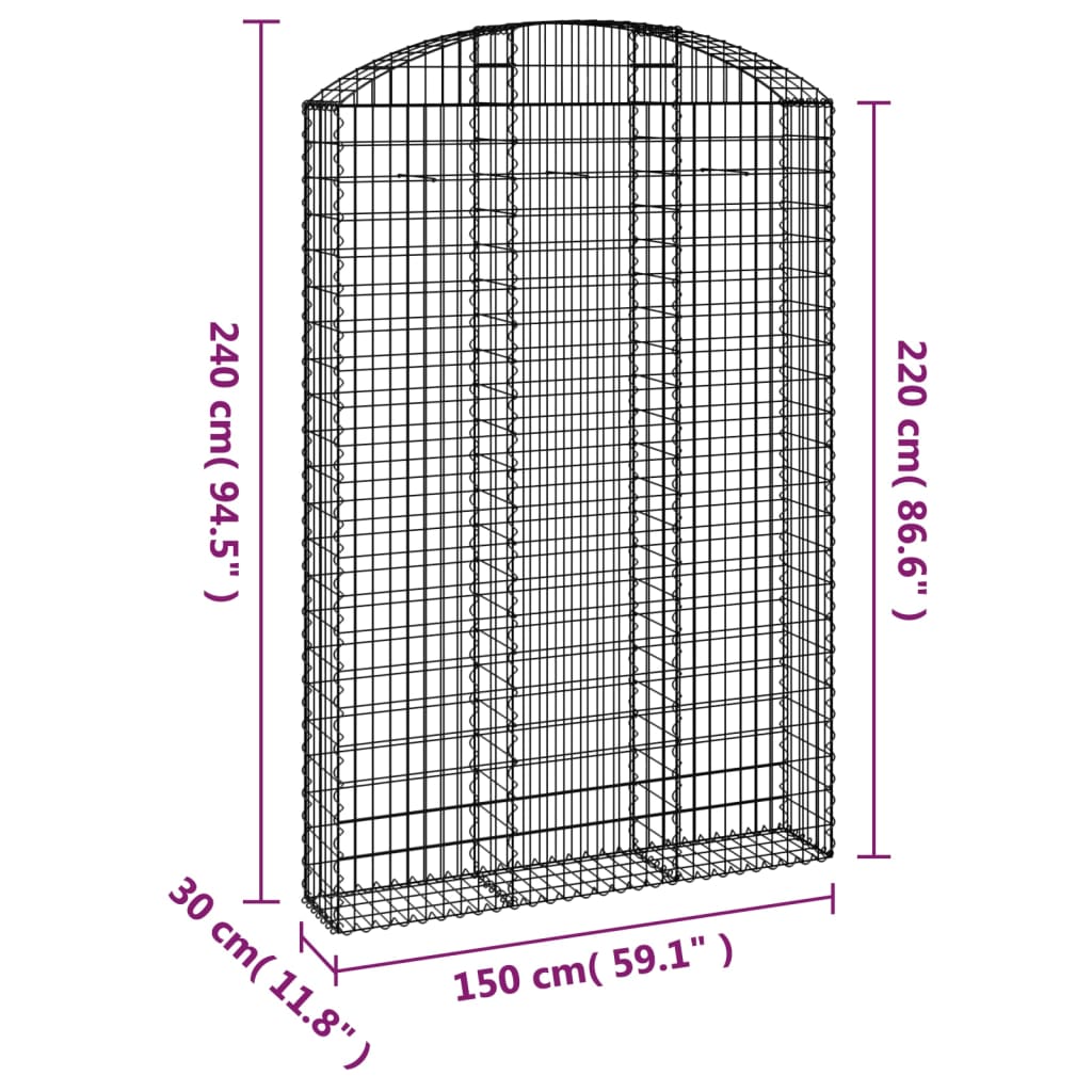 vidaXL Cesto gabião arqueado 150x30x220/240 cm ferro galvanizado