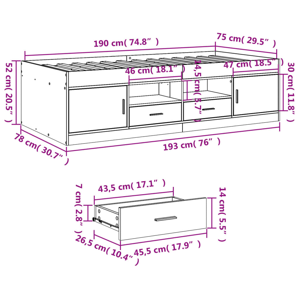 vidaXL Sofá-cama com gavetas sem colchão 75x190 cm cinzento sonoma