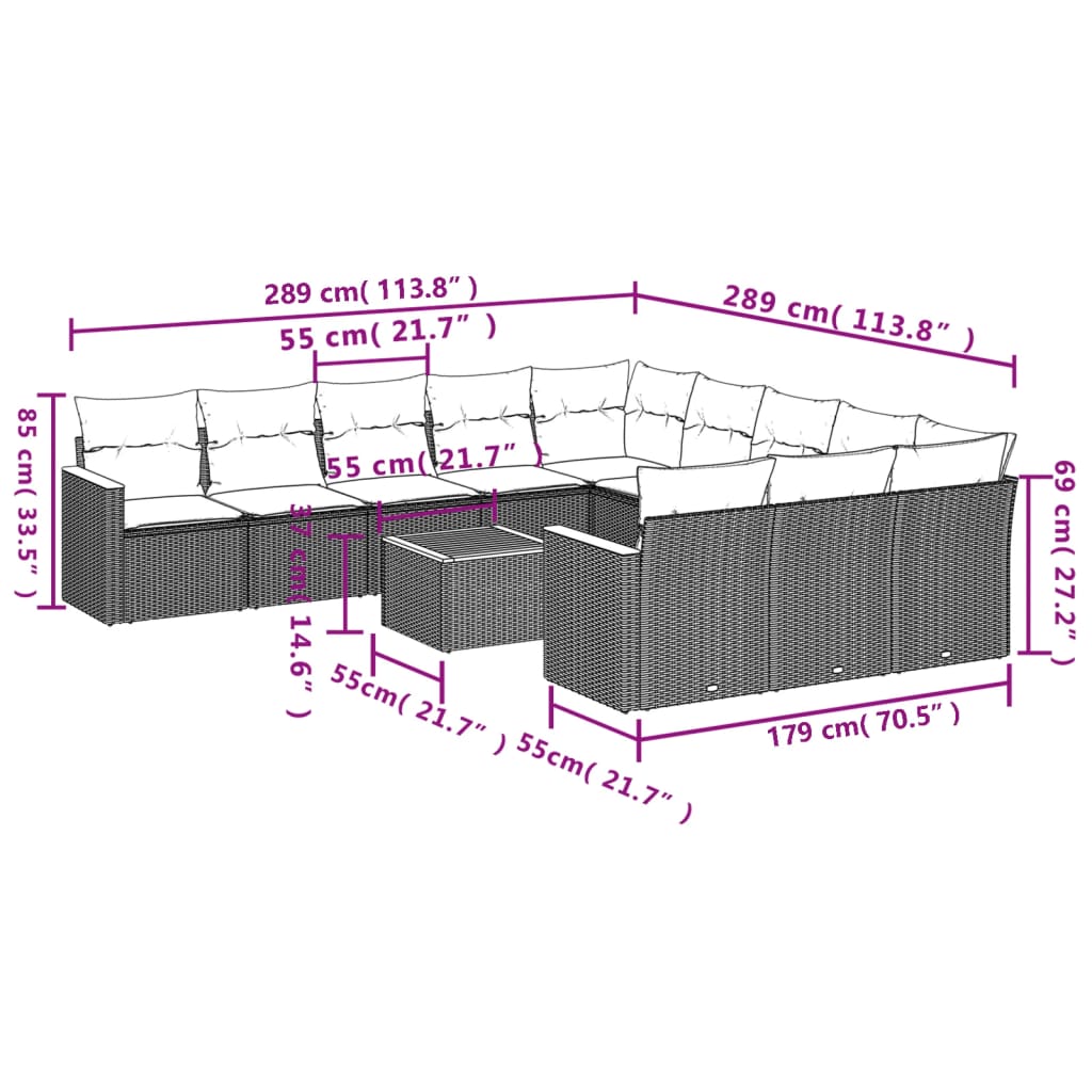 vidaXL 12 pcs conjunto de sofás jardim c/ almofadões vime PE cinzento