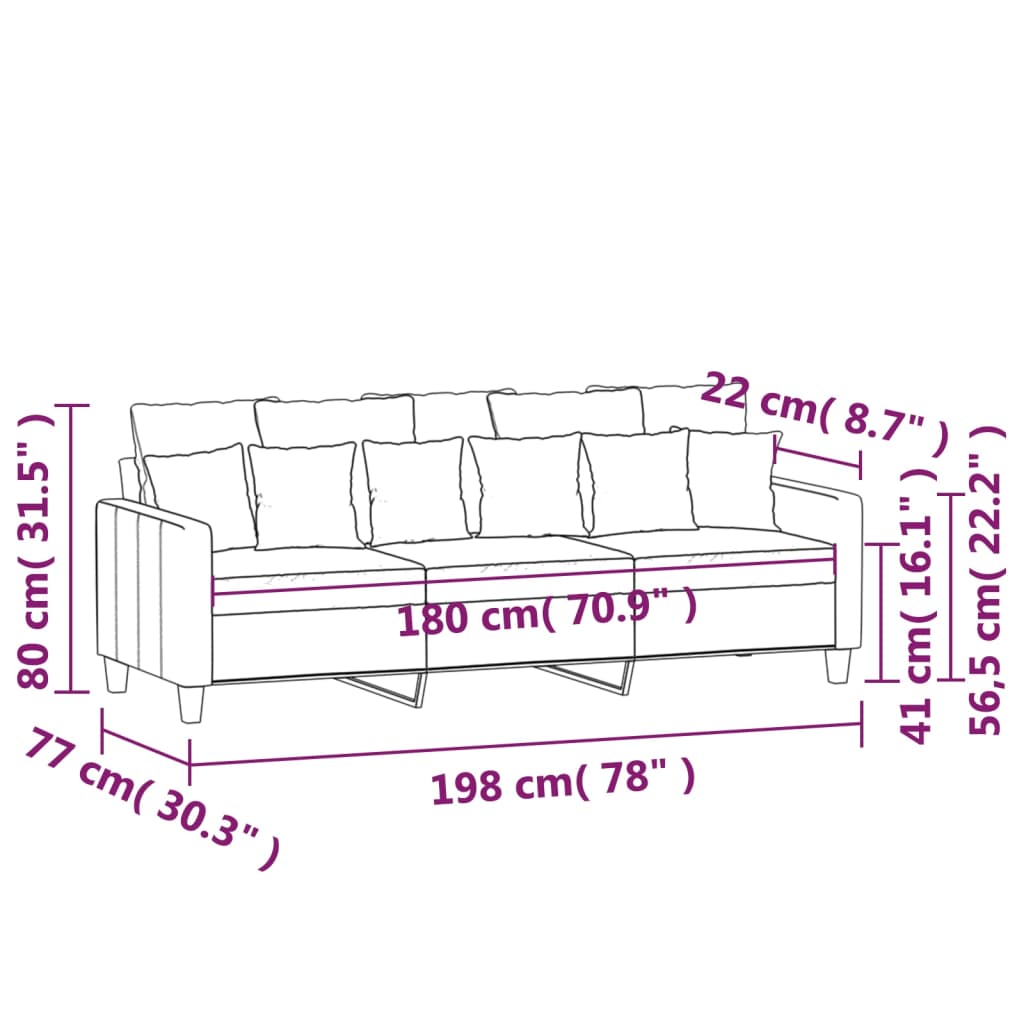 vidaXL Sofá de 3 lugares tecido 180 cm vermelho tinto