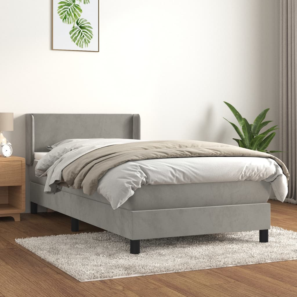 vidaXL Cama com molas/colchão 90x200 cm veludo cinza-claro